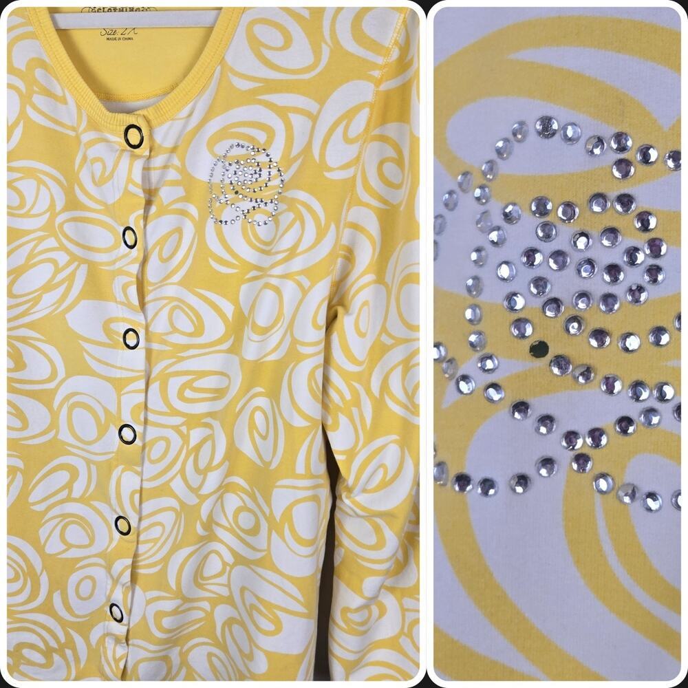 Onque Yellow Floral Rhinestone Snap Front 2X Cottage Coastal Grandma Coquette